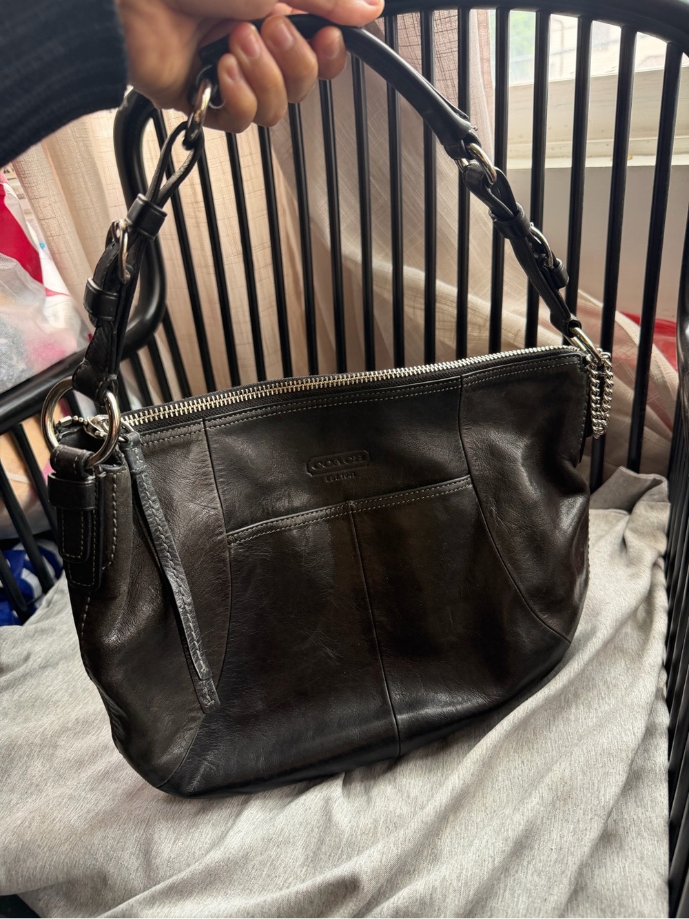 Coach Black Leather Hobo Shoulder Bag with Silver Hardware - Picture 7 of 9